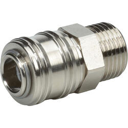Quick coupling socket shutting off on one side nominal size 7,2 brass design nickel-plated with male thread