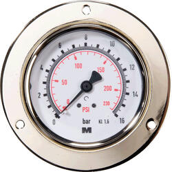 Standard Bourdon tube pressure gauge nominal size 63 with 3-hole front flange sheet steel design chromed, axial