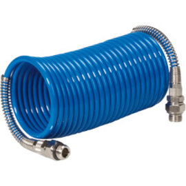 Spiral tube made of polyester-polyurethane including quick connectors with cylindrical male thread and bend protection spring, swivelling