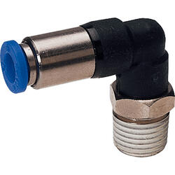 Elbow-lock-push-in fitting PBT design with tapered male thread, swivelling