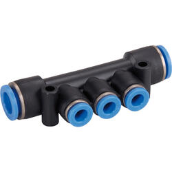 Barbed T-connector M-Push 120 polymer design with three reduced outletss