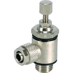 Flow control valve with hinge mounting brass design nickel-plated and quick connector connection including knurled screw and lock nut