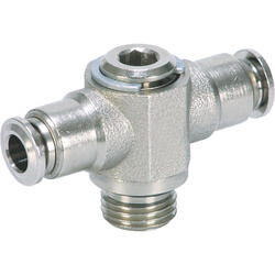 T-push-in fitting M-Push 220 with swivelling ring piece and female screw brass design nickel-plated with cylindrical male thread and internal hexagon